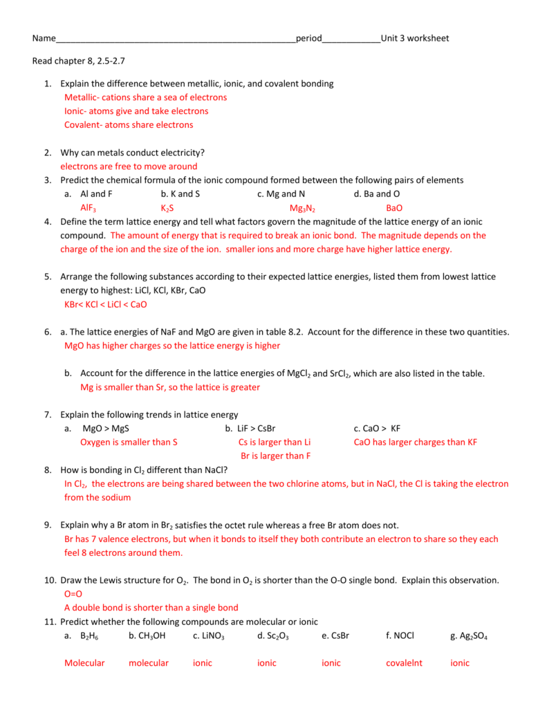 Ionic Bonding Worksheet Answers