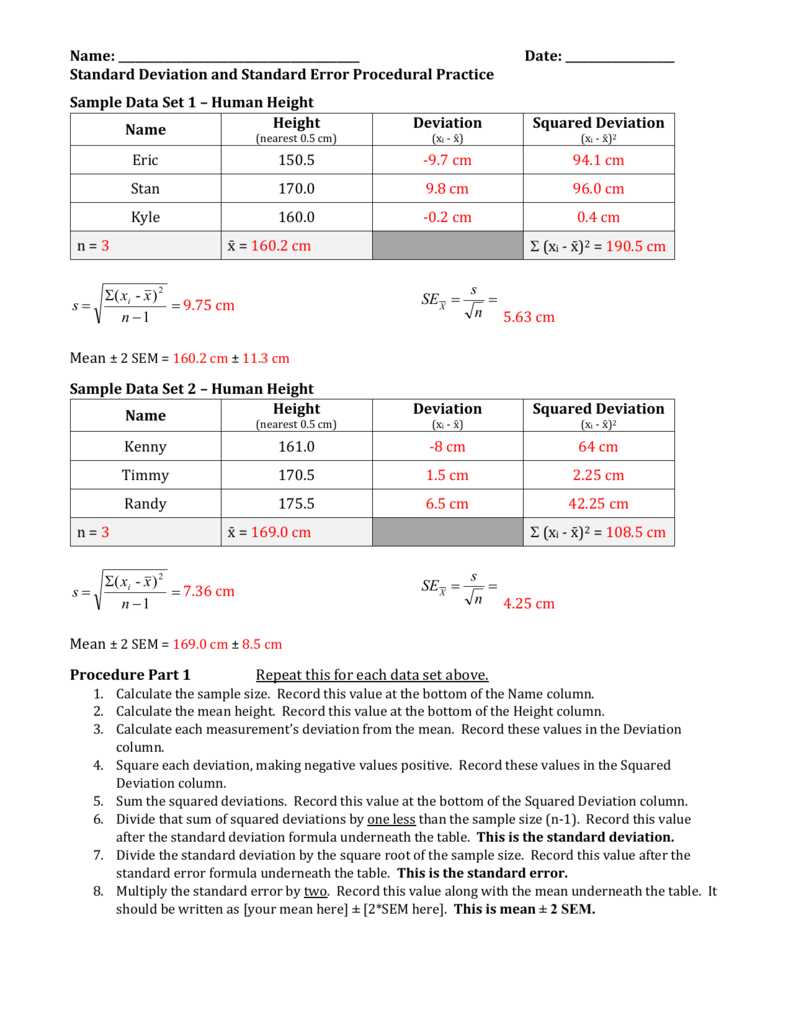 Standard Deviation and Standard Error Procedural Pra Within Standard Deviation Worksheet With Answers
