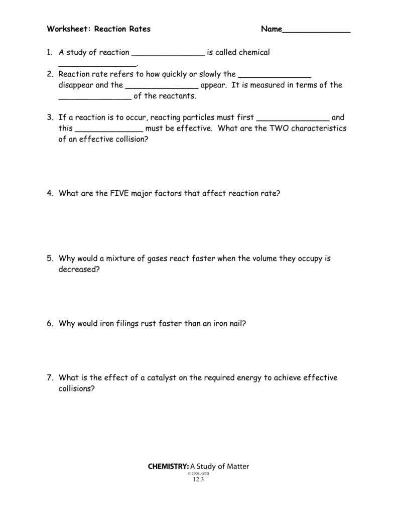 Worksheet Reaction Rates Answers