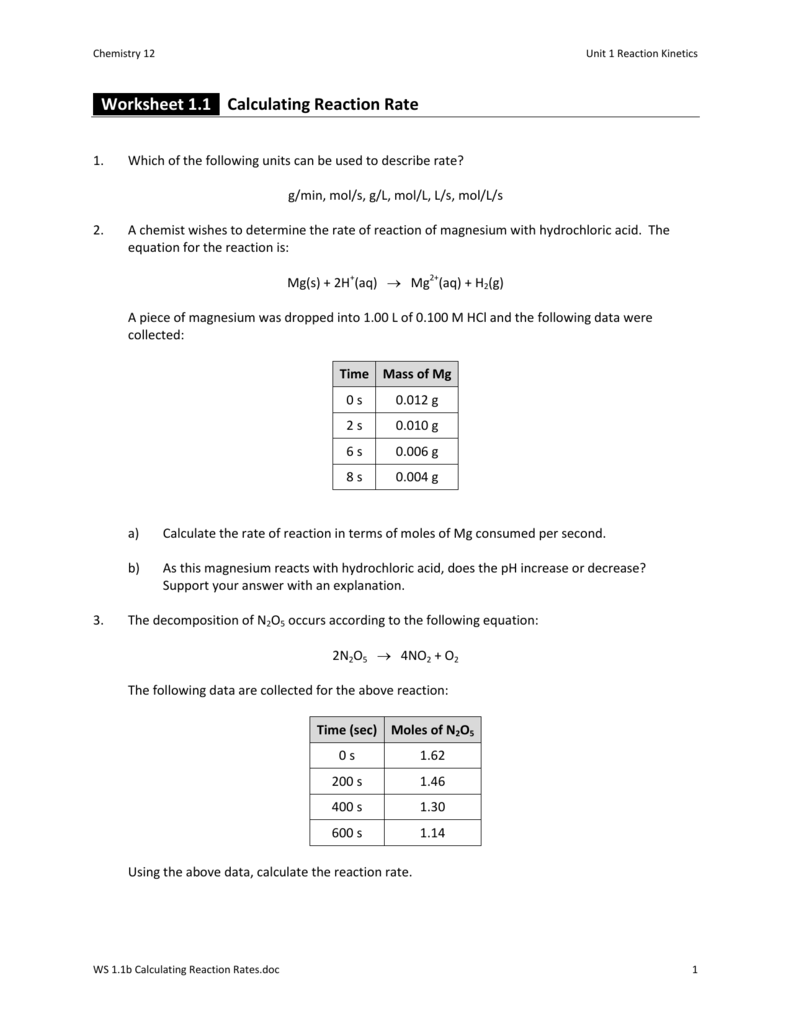 Rates Of Reaction Worksheet Answers