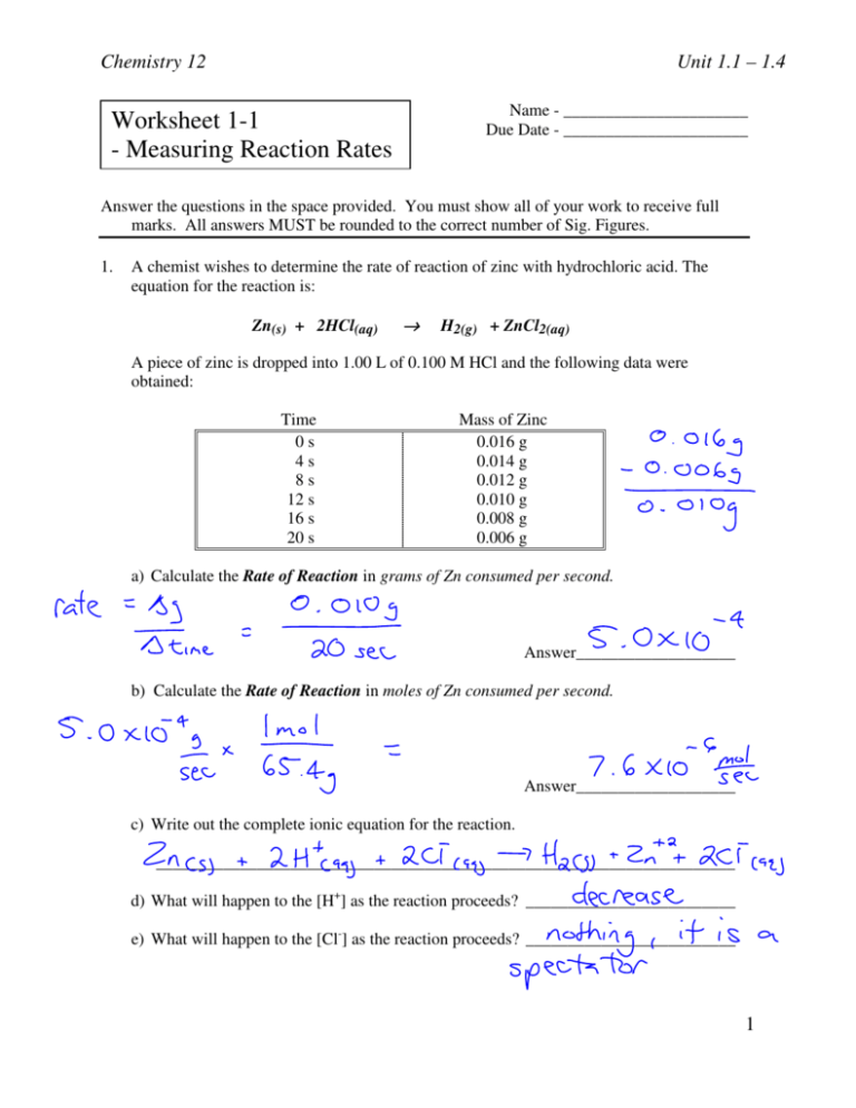 Rate Of Reaction Worksheet Answers