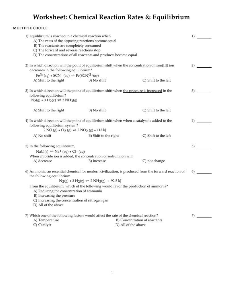 Worksheet Chemical Reaction Rates Equilibrium