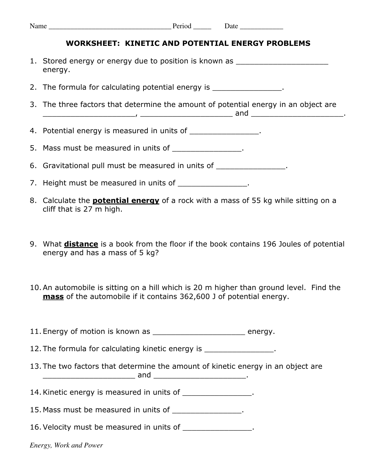 Kinetic and Potential Energy Problems Intended For Potential And Kinetic Energy Worksheet