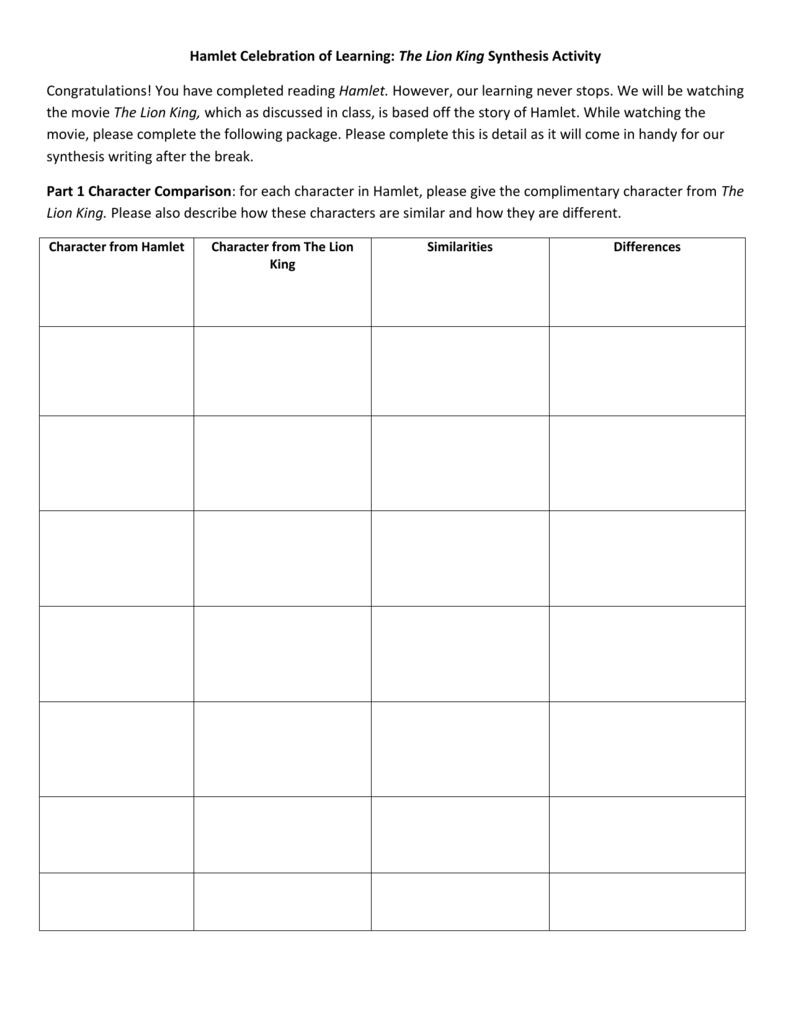 The Lion King And Hamlet Comparison Worksheet