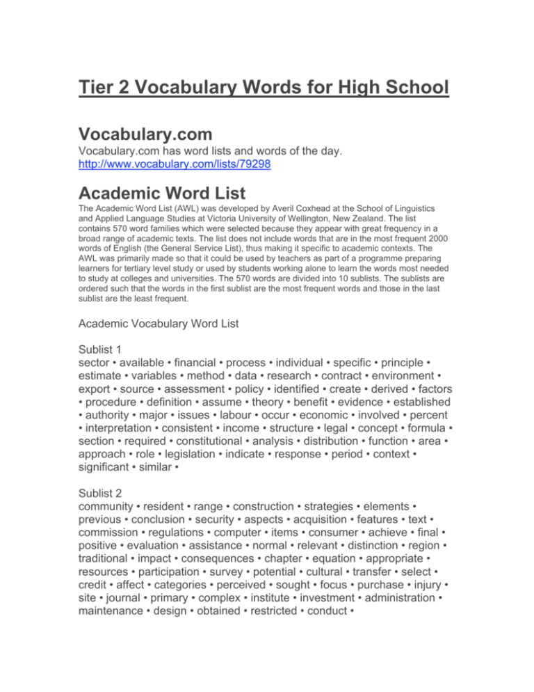 Vocabulary Words For High School Pdf