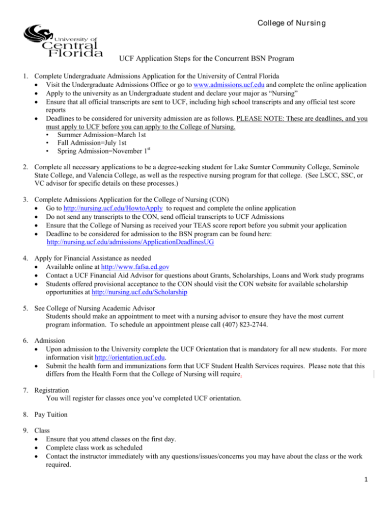 UCF Application Steps for the Concurrent BSN Program College of