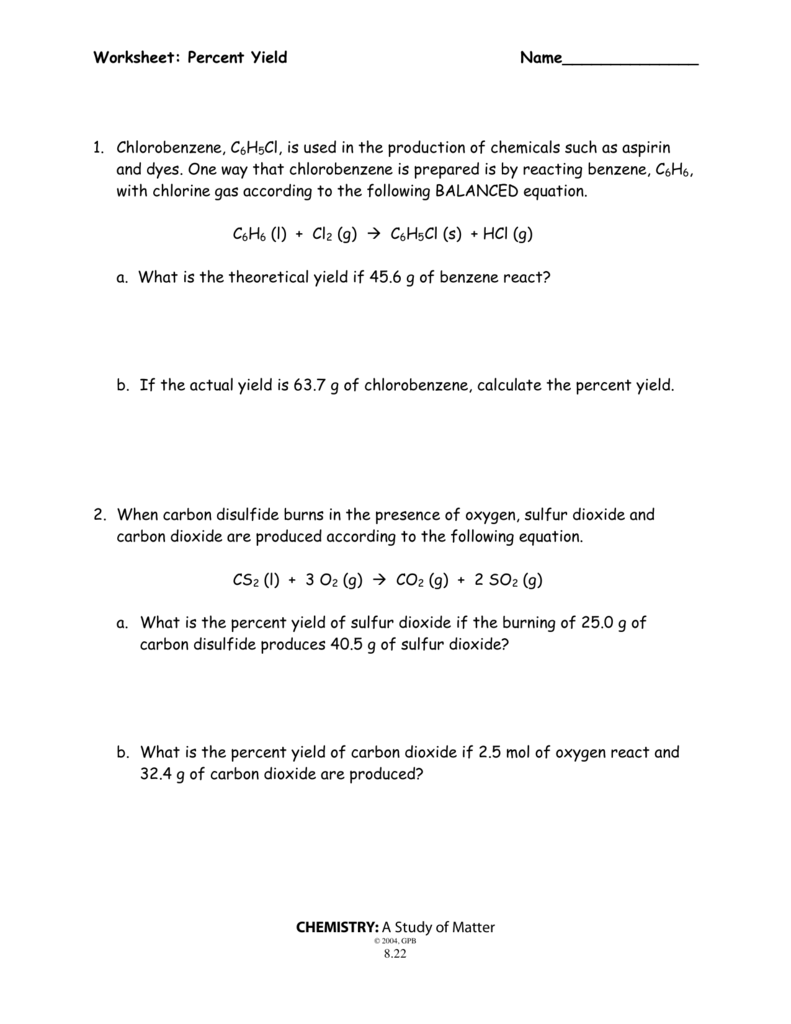 Percent Yield Worksheet With Answers