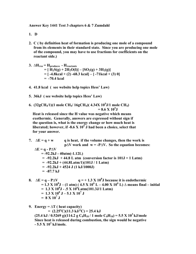 Answer Key 1441 Test 3 Chapters 6 7 Zumdahl