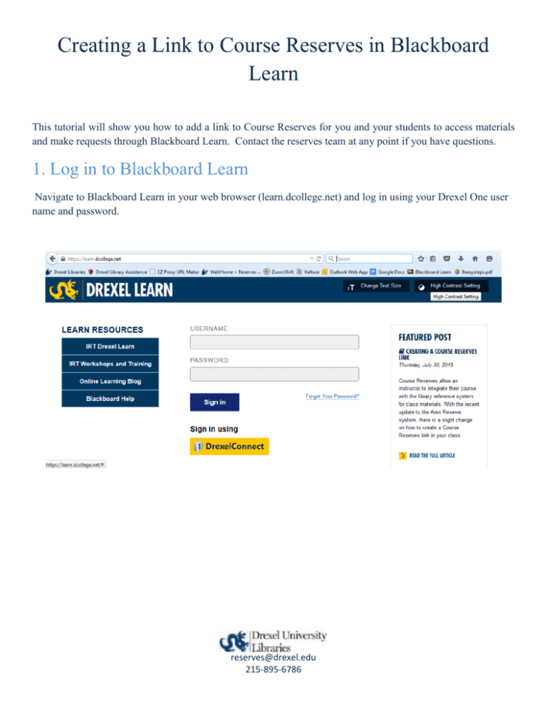Creating a Link to Course Reserves in Blackboard Learn