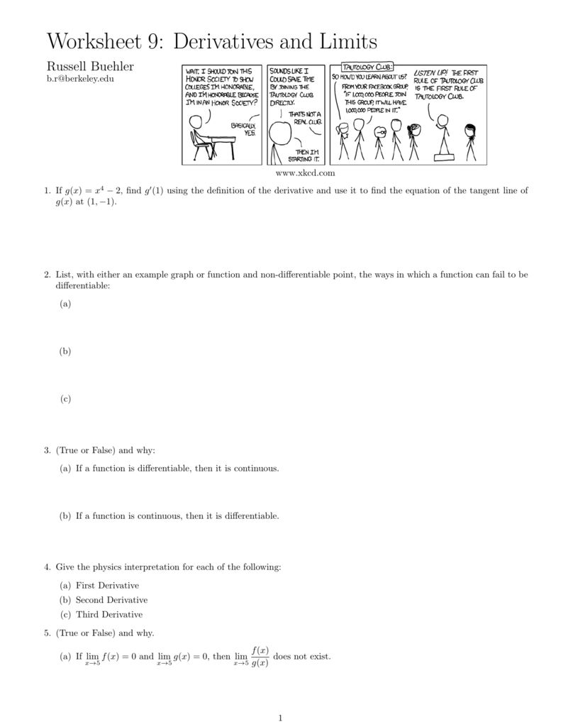 Worksheet 9 Derivatives And Limits