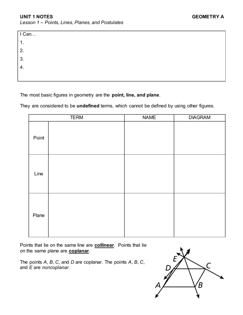 Points Lines And Planes Worksheet Answers Unit 1 Lesson 2 Worksheet