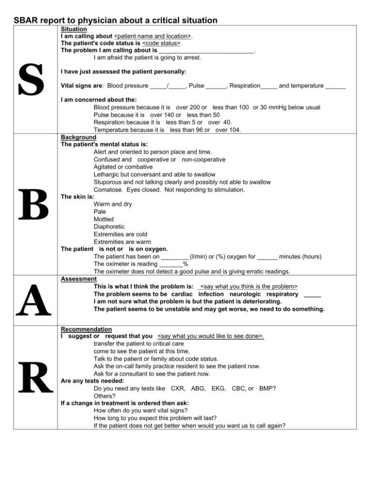 SBAR Worksheet