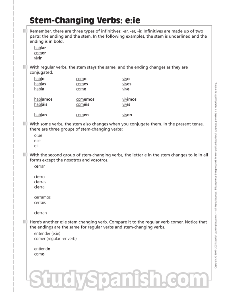 Stem-Changing Verbs: e:ie With Stem Changing Verbs Worksheet Answers