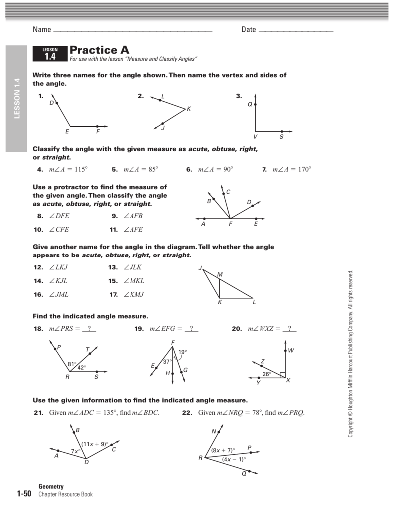 Worksheet - Measuring and classifing angles Pertaining To Finding Angle Measures Worksheet