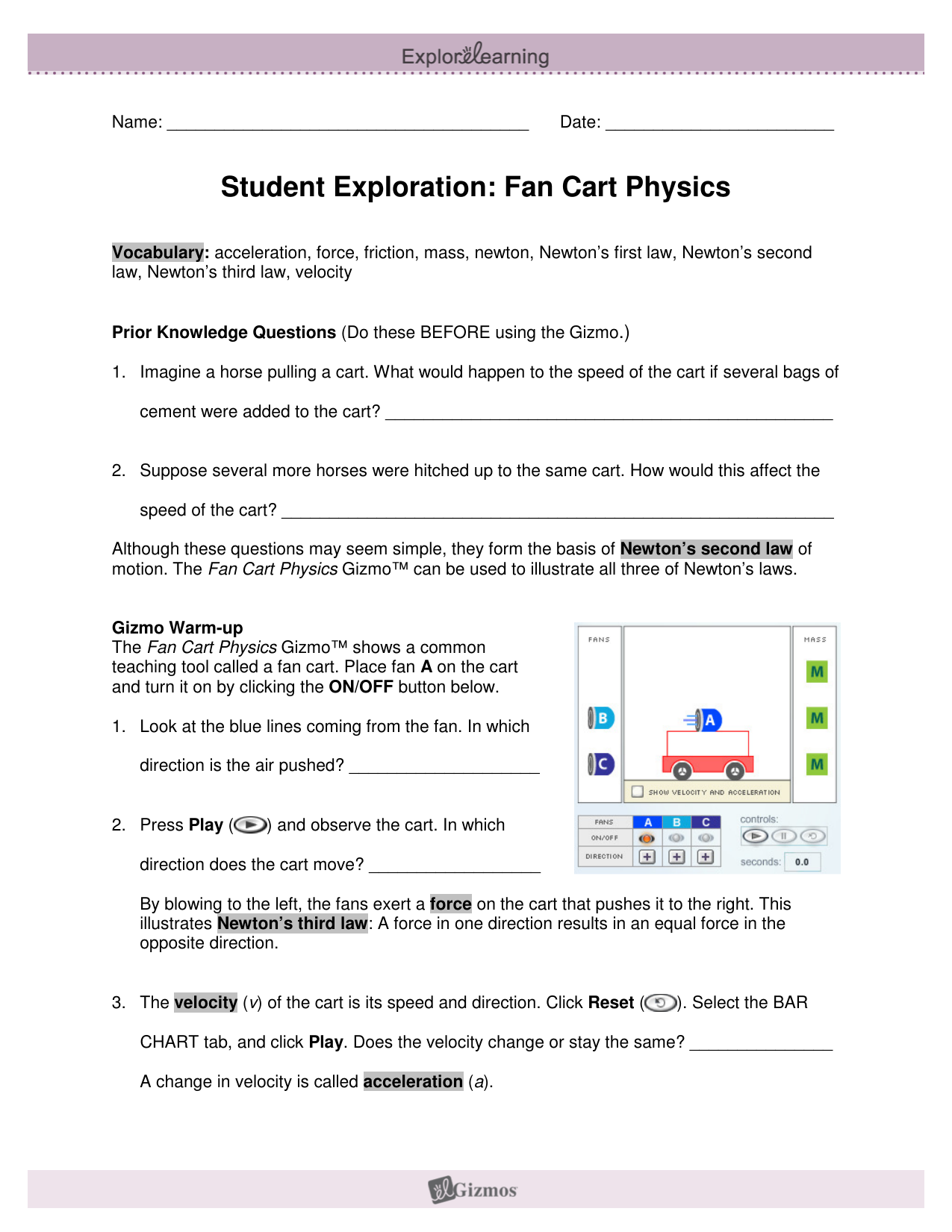 Student Exploration: Force and Fan Carts, PDF, Force