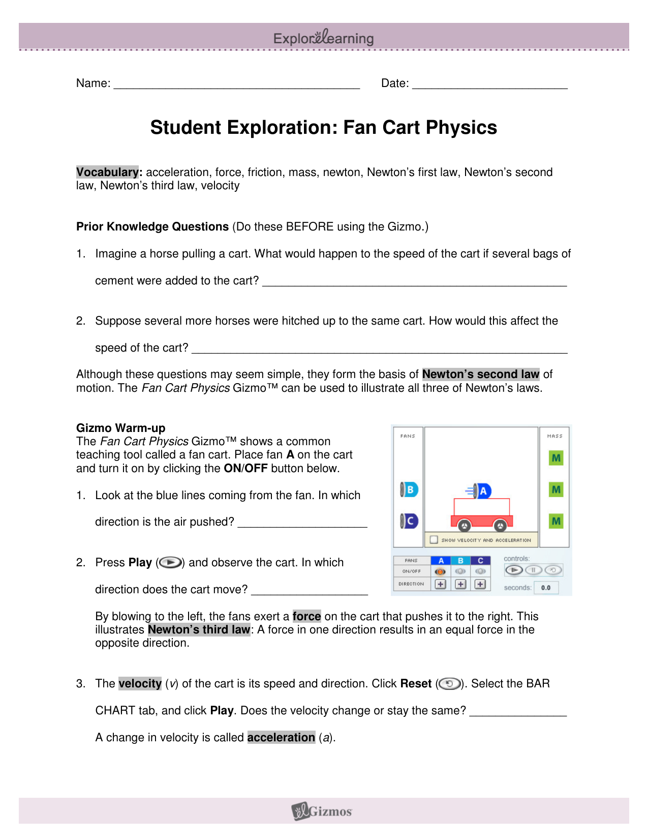 Student Exploration Fan Cart Physics