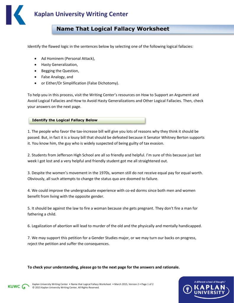 Name that Logical Fallacy Worksheet Within Logical Fallacies Worksheet With Answers