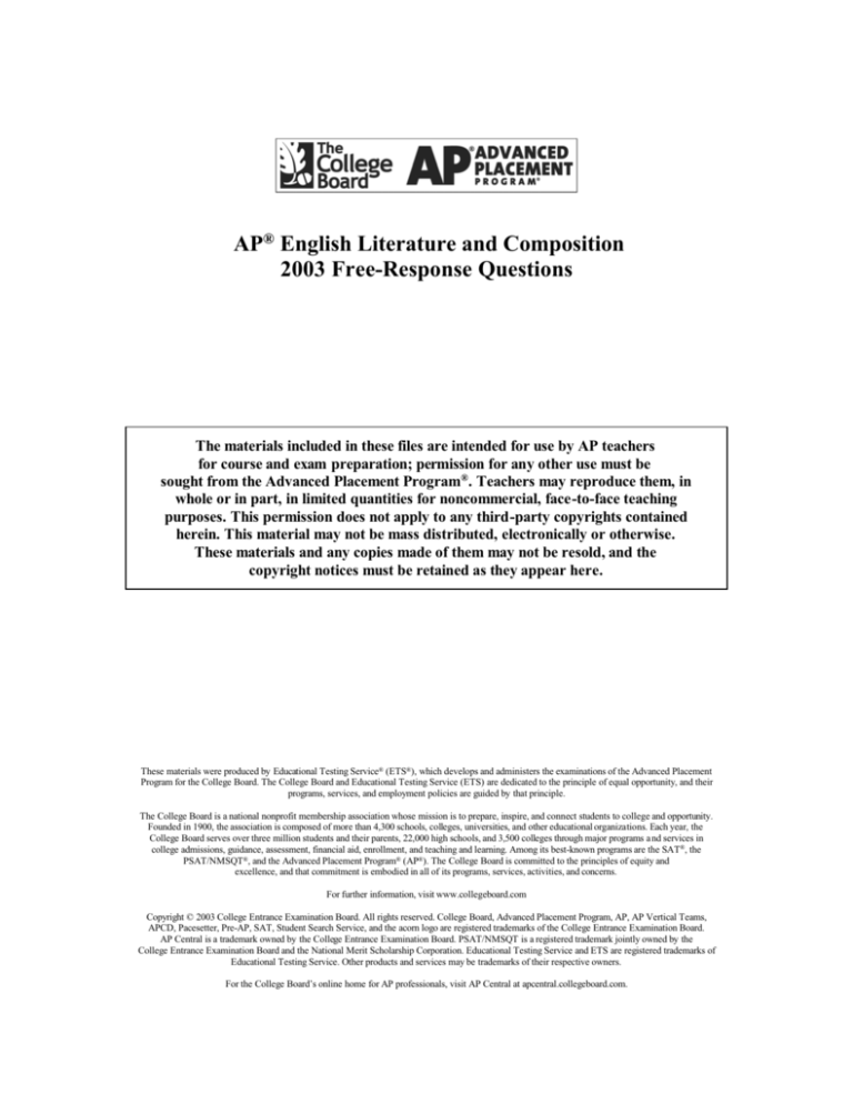 2003 ap lit free response sample essays question 2