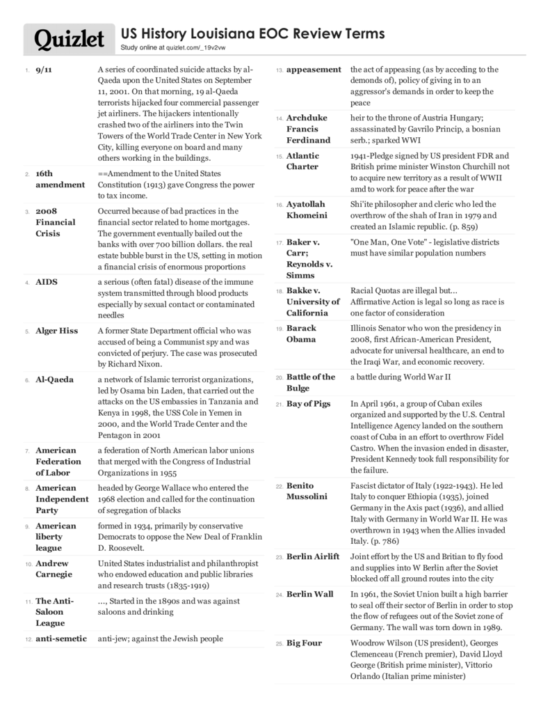 Print Us History Louisiana Eoc Review Terms Quizlet