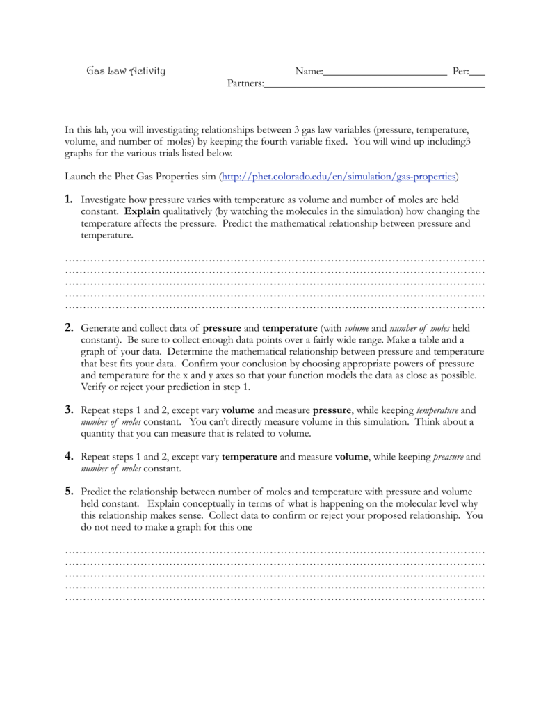 IDEAL GAS LAW ACTIVITY phet Pertaining To Gas Variables Worksheet Answers