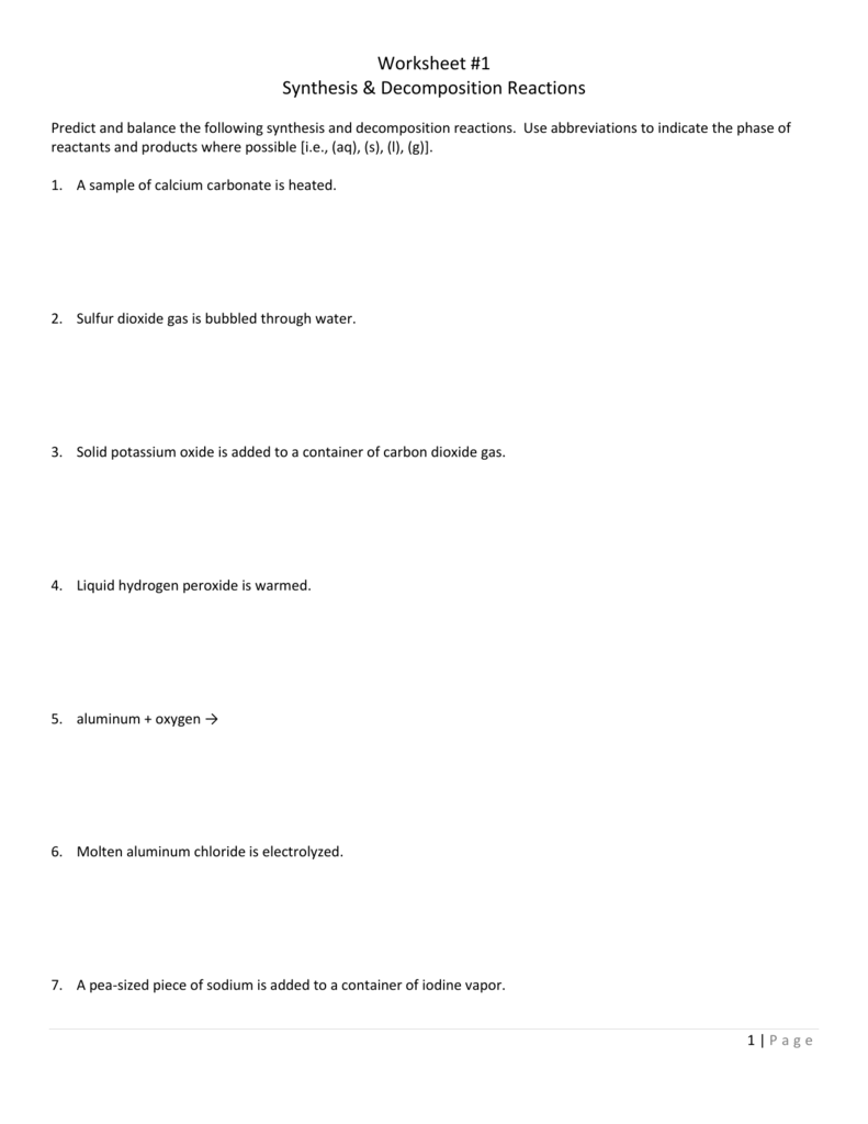 Worksheet 1 Synthesis Decomposition Reactions