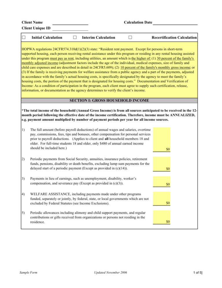 Income Resident Rent Calculation Worksheet