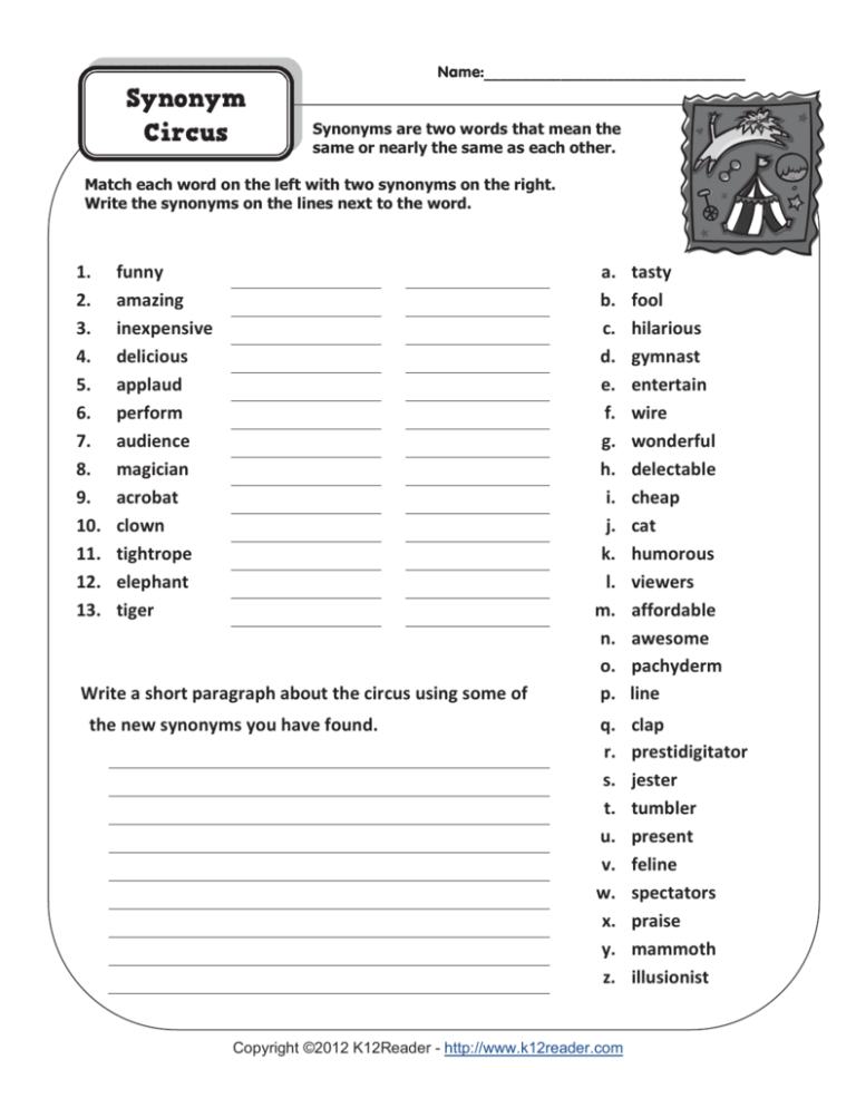 Synonyms Circus | Synonym Worksheets