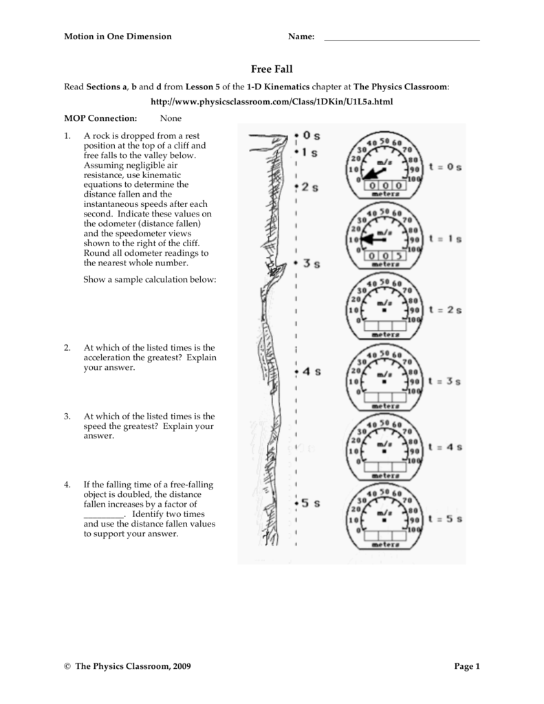 Free Fall - The Physics Classroom Within Free Fall Problems Worksheet