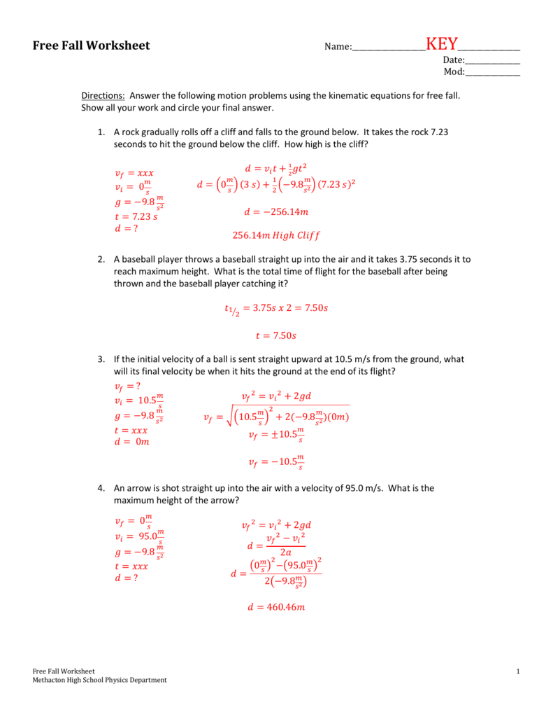 Free Fall Worksheet - Methacton School District For Free Fall Worksheet Answers