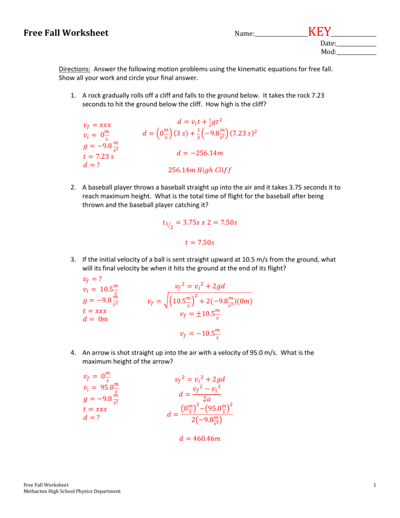 Free Fall Worksheet - Methacton School District With Free Fall Problems Worksheet