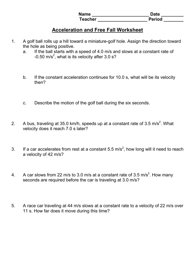 Acceleration and Free Fall Worksheet Regarding Displacement Velocity And Acceleration Worksheet