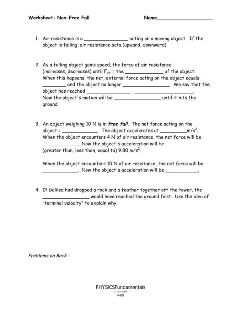 Non Free Fall Worksheet