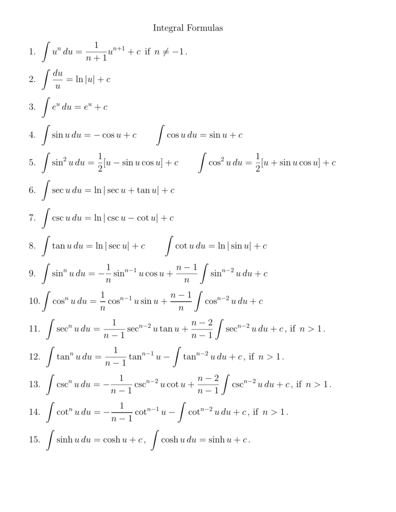 Integral Formulas 1 U Du 1 N 1 U C If N 1 2 Du U Ln U