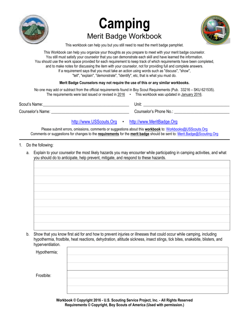 Camping - US Scouting Service Project With Weather Merit Badge Worksheet
