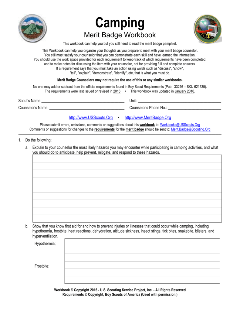 Camping - US Scouting Service Project Within Weather Merit Badge Worksheet