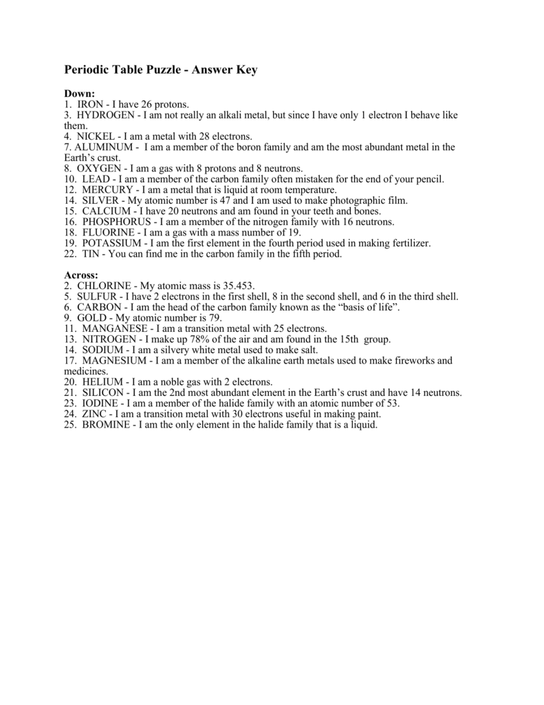 Periodic Table Puzzle Worksheet Answers