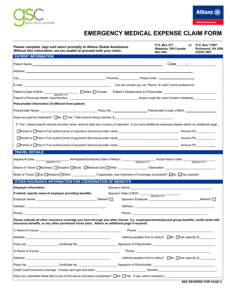 Emergency Medical Expense Claim Form