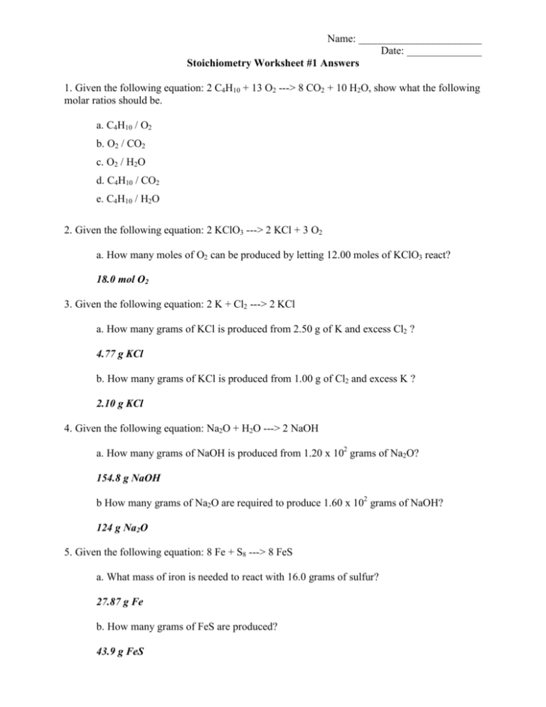 Stoichiometry Worksheet 1 Answers