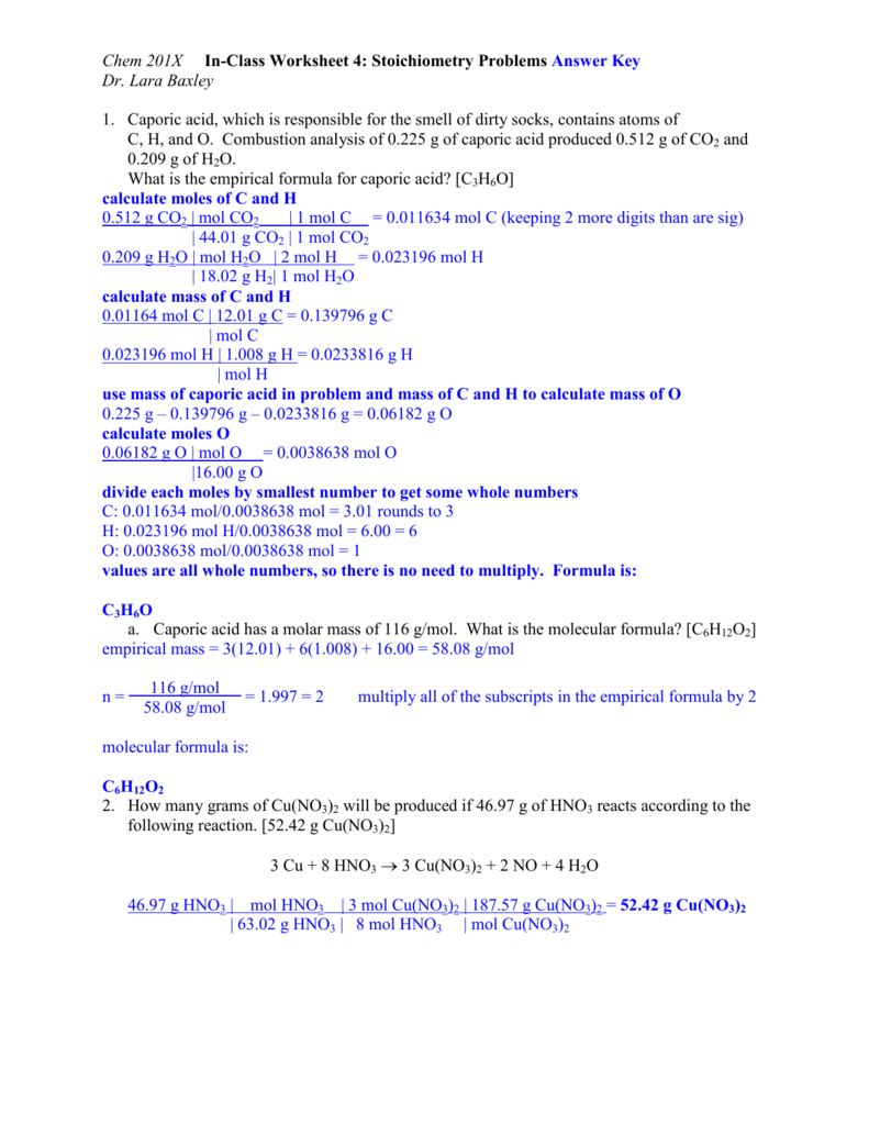 Chem 21X In-Class Worksheet 21: Stoichiometry Problems Answer Inside Stoichiometry Problems Worksheet Answers