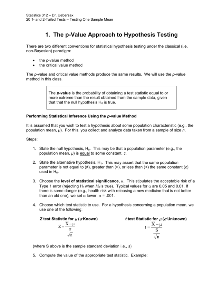 1 The P Value Approach To Hypothesis Testing