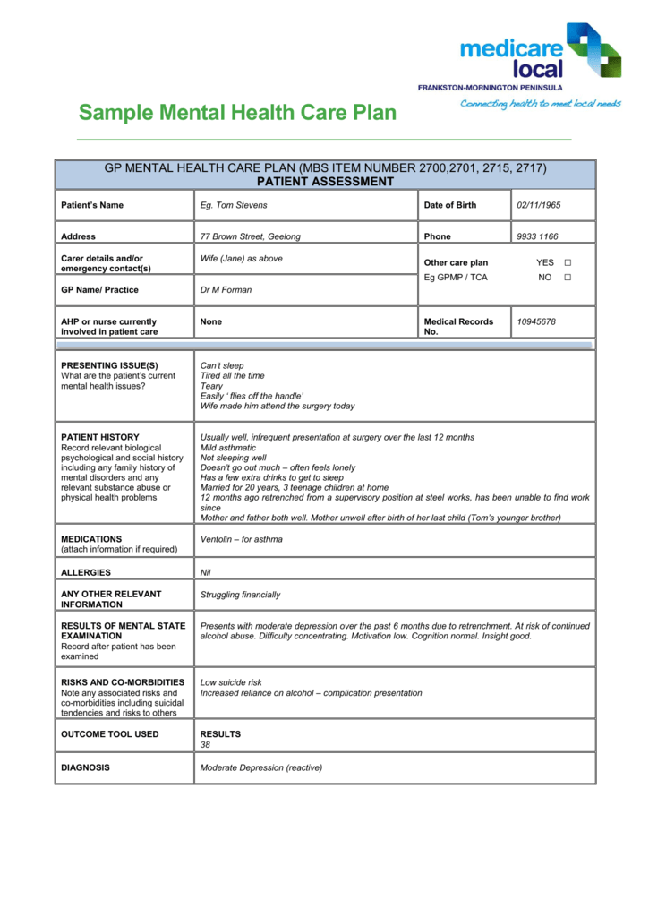 Mental Health Care Plan Example