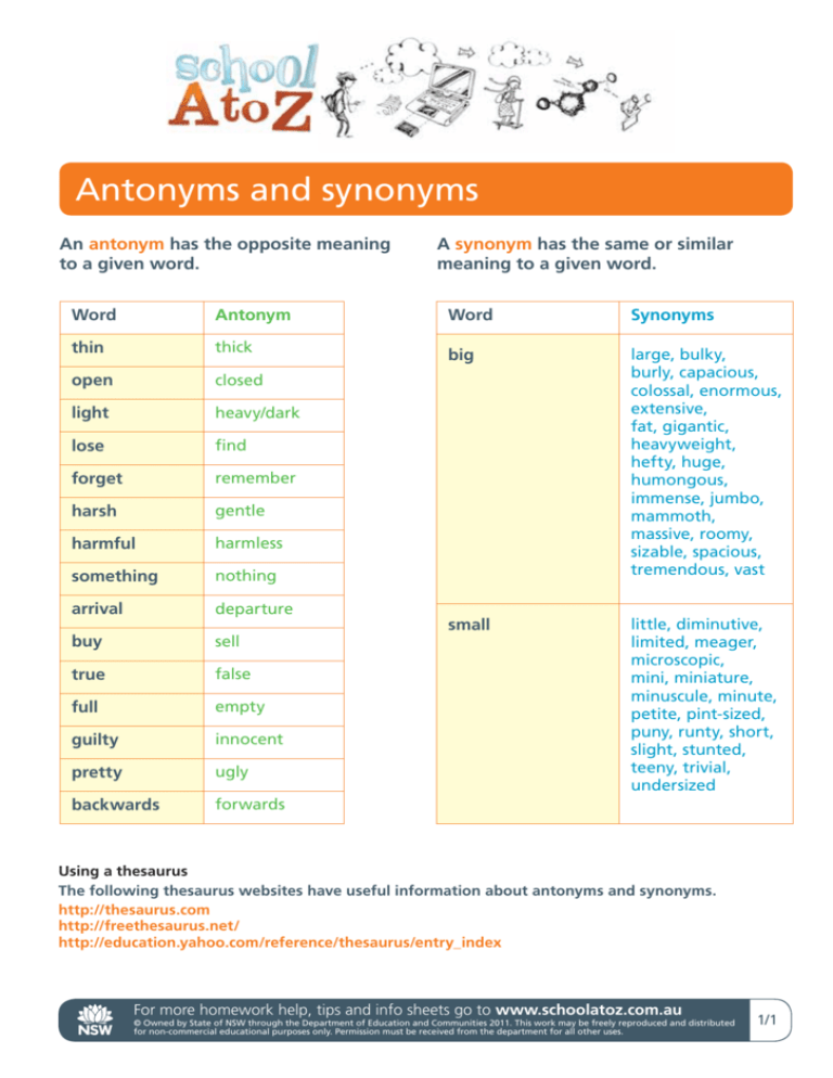 Antonyms And Synonyms Department Of Education NSW