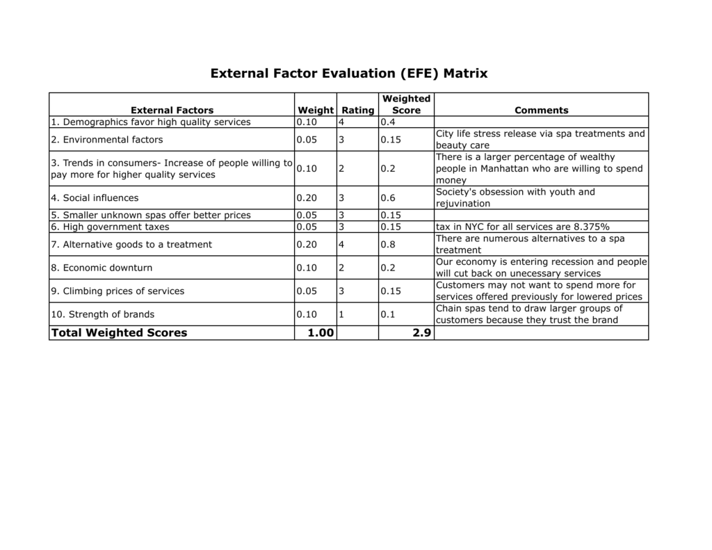 External Factor Evaluation EFE Matrix External Factor Evaluation EFE Matrix