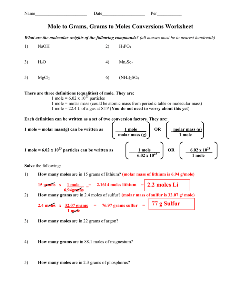 Gram To Mole Conversion Worksheet