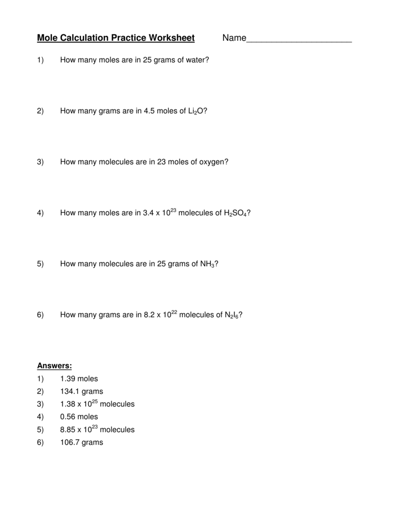 Mole Calculation Practice Worksheet Name 
