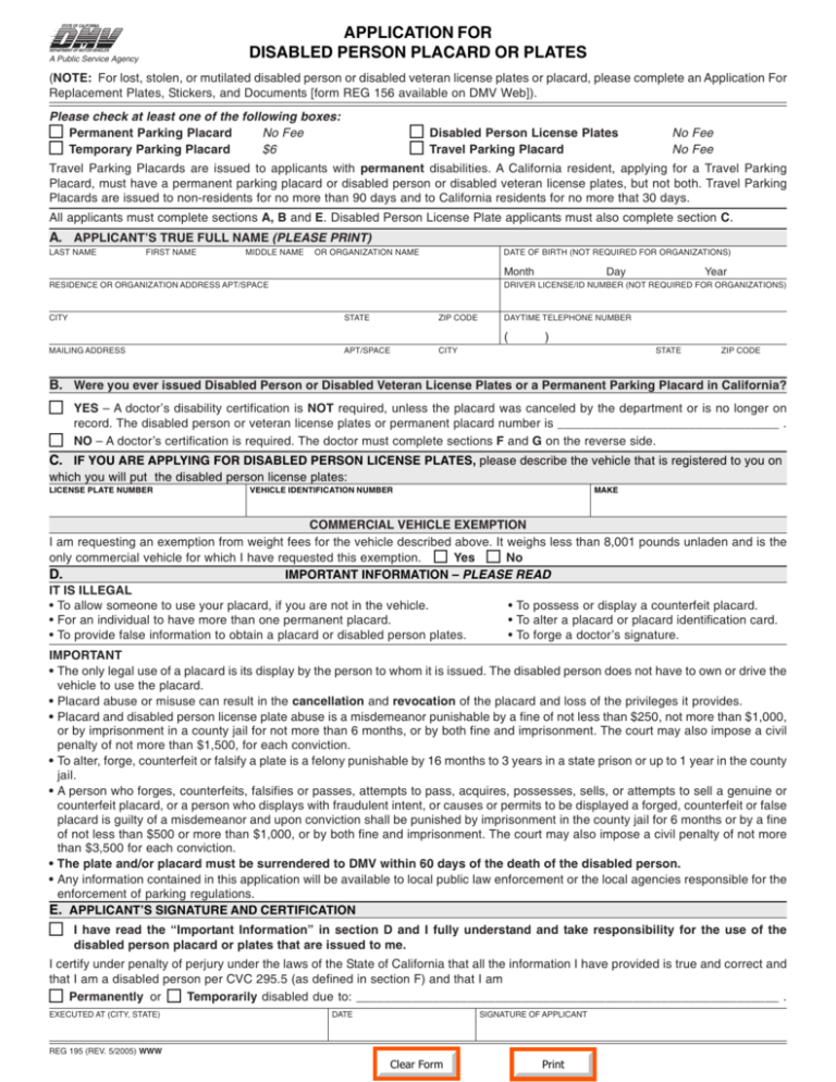 DMV Disabled Parking Placard Application