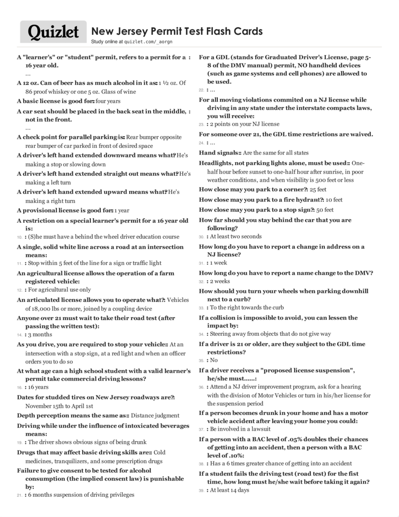 New Jersey Permit Test Flash Cards