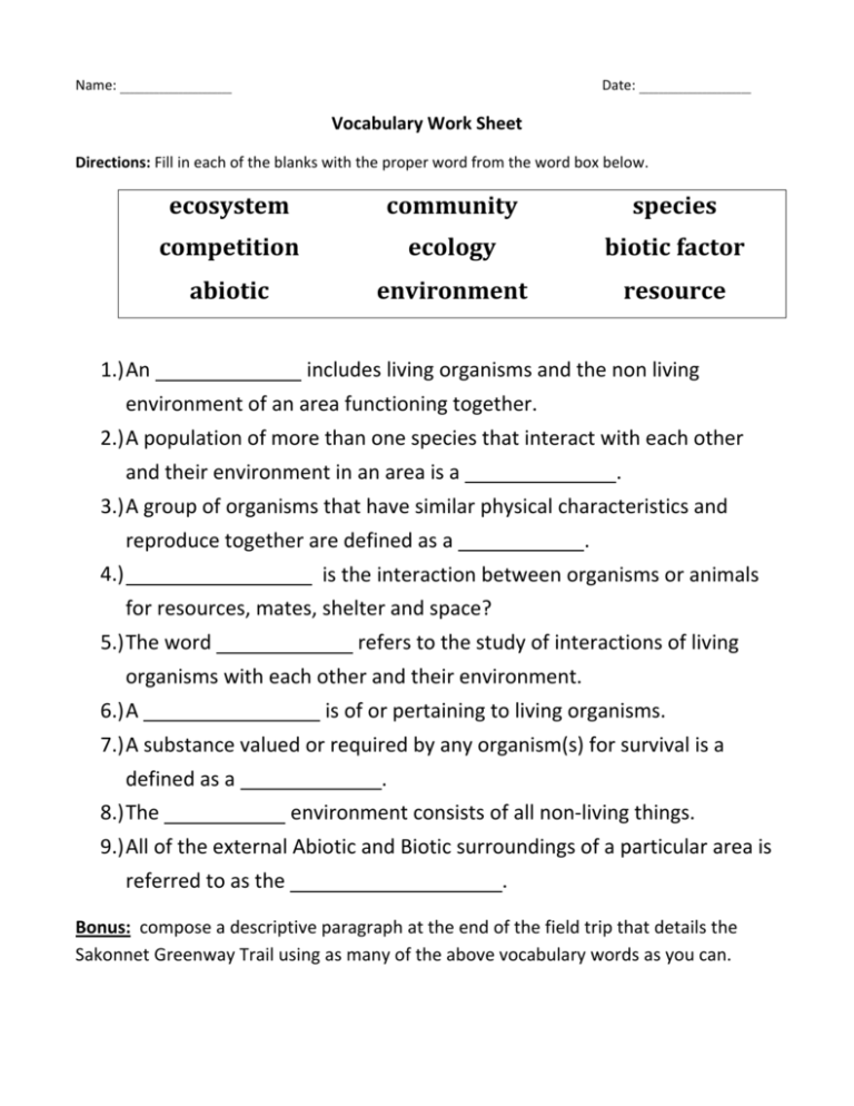 Chapter 1 Vocabulary Review Answer Key Environmental Science – Islero