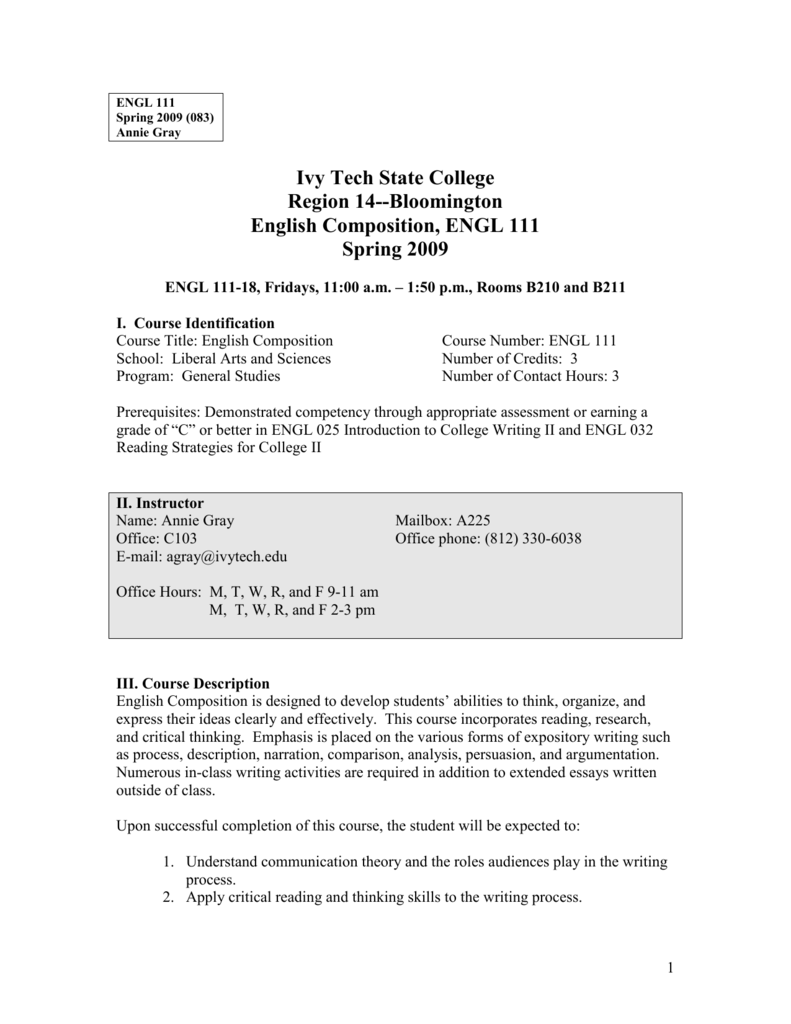 Sample Syllabus English Ivy Tech