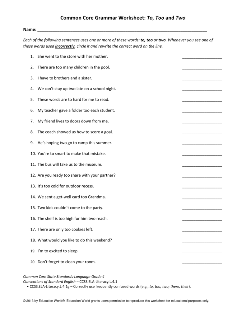 Common Core to, too, two worksheet For To Too Two Worksheet